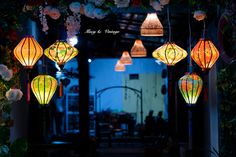 lanterns are hanging from the ceiling in front of flowers and greenery at night time