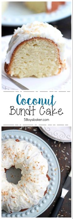 coconut bundt cake with white frosting on a plate