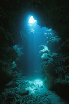 the light shines brightly in this underwater cave