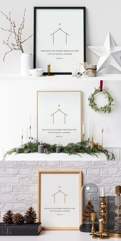 christmas decorations on the mantle with candles and pictures in front of them, including pine cones