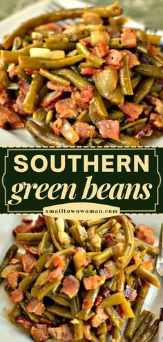 southern green beans with bacon and onions on a white plate