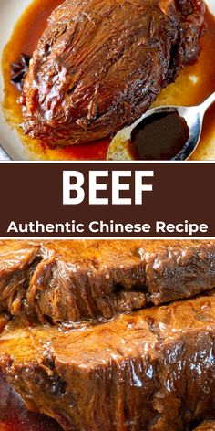 beef with sauce on it and the words beef authentic chinese recipe