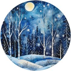 a painting of trees and snow in the night sky