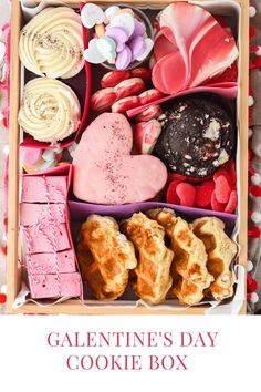 valentine's day cookie box with heart shaped candies, cookies and other treats