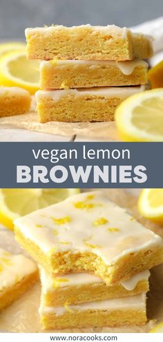 vegan lemon brownies stacked on top of each other with the words, vegan lemon brownies