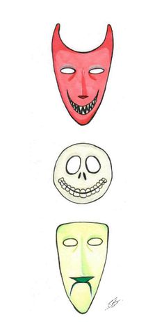 three masks with faces painted on them, one is red and the other has green