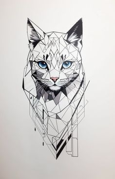 a drawing of a cat with blue eyes on a white paper sheet that has been drawn by hand