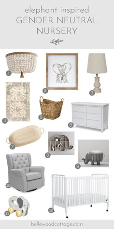 a baby's nursery room with white furniture and accessories, including a crib