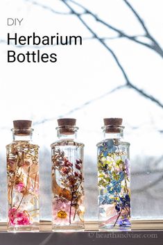 three bottles filled with flowers sitting on top of a window sill next to a tree