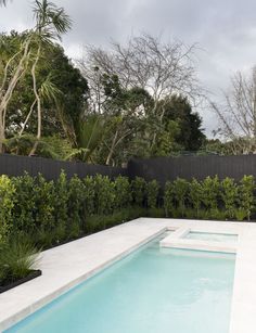 an empty swimming pool surrounded by greenery and trees on a cloudy day in the backyard