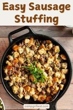 an easy sausage stuffing recipe in a cast iron skillet on a wooden table with text overlay