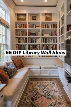 a living room filled with lots of bookshelves next to a couch and tv