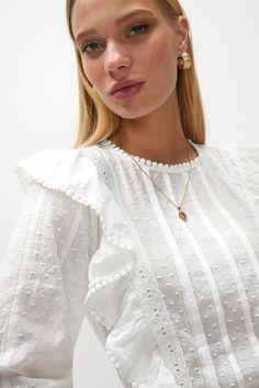 Tops | Frill And Lace Detail Dobby Blouse | Coast Lace Insert Blouse, Lace Top Design, White Blouses For Women, Lace Blouse Styles, Frill Neck Blouse, Winter Blouse, Lace Dress Outfit, Bishop Sleeve Dress, Women Lace Blouse