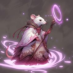 a rat in a white robe holding a purple ring and standing in the water with its tail up