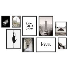 black and white photographs with the words love written on them in different languages, all framed up against a white background