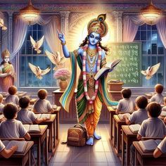 there is a painting of the god sitting in front of his class with doves