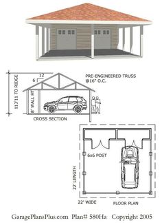 two car garage plans with an attached carportion and the floor plan is shown