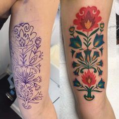 two people with tattoos on their legs and one has a red flower in the middle