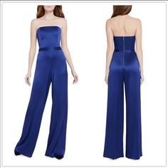 New With Tags!! This Stunning Alice + Olivia Jumpsuit Has Wide Leg Pants With A Fitted Bustier Top That Hugs You In All The Right Places. I’m Selling This Piece As It’s Sadly Not The Right Size For Me. Blue Satin Bottoms For Night Out, Evening Strapless Satin Jumpsuit, Fitted Blue Satin Bottoms, Blue Fitted Satin Bottoms, Blue Fitted Pantsuit For Weddings, Fitted Blue Pantsuit For Wedding, Sleeveless Silk Fitted Jumpsuit, Fitted Sleeveless Silk Jumpsuits And Rompers, Fitted Sleeveless Silk Jumpsuit