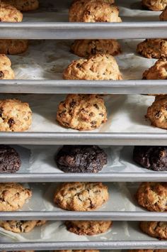 several trays of cookies and chocolate chip cookies