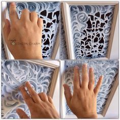 four different views of the process of making an intricate paper art piece with hands and fingers