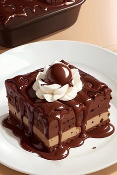 a piece of chocolate cake with whipped cream on top and drizzled in chocolate