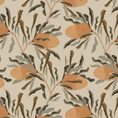 an orange and grey floral pattern with leaves on white background, suitable for wallpaper or upholstering