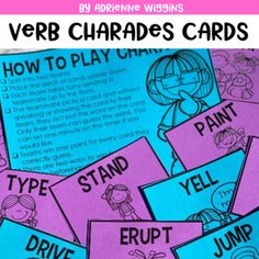 the verb charies cards are shown in purple and blue