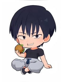 an anime character is eating a hamburger