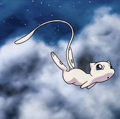 a white cat floating in the sky with clouds