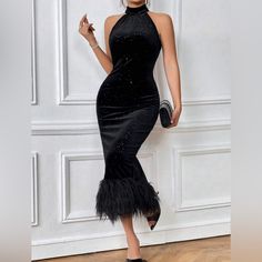 Women’s Black Sequin Sparkle Dress With Fur Accent Bottom In Brand New Condition. Worn Once For New Year’s Eve. Perfect Dress For Many Occasions Black Velvet Bodycon Dress, Dress With Fur, Lace Hem Dress, Ribbed Knit Bodycon Dress, Shirred Waist Dress, Halter Bodycon Dress, Velvet Bodycon Dress, Sweater Dress Casual, Bodycon Sweater Dress