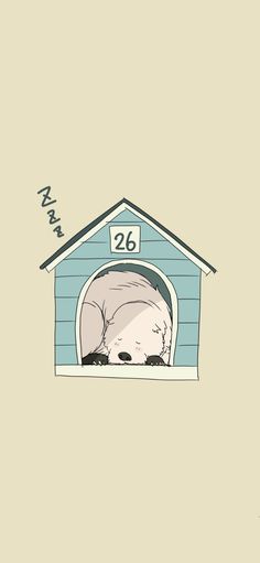 a dog is sleeping in his kennel with the number 26 on it's side