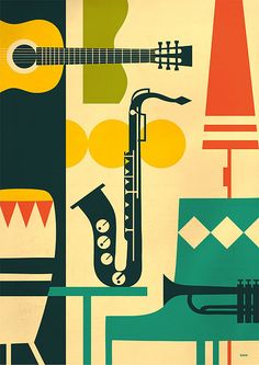 a poster with an image of a saxophone, chair and guitar on the wall behind it