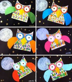 four pictures of colorful owls in front of a pin