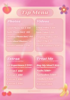 the menu for an event is shown in pink and yellow colors, with fruit on it