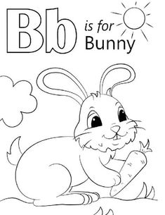 the letter b is for bunny coloring page with an image of a rabbit holding a carrot