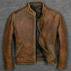 Men's Biker Cafe Racer Vintage Motorcycle Distressed Tan Brown Leather Jacket Superior Quality Soft Real Leather jacket  Exact Material : Cow Leather Full Grain Color: Brown Waxy Antique Look Front: Front Zip Closure Soft Polyester Lining with Micro Fiber Insulation foam keep warmth Three inside pockets including mobile pocket High Quality Stitching  Washed and Waxing for Antique Look Brand New with  Tags FREE DUST COVER SIZE GUIDE MENS SIZE CHART - Measurements in Inches Size Range Suitable for Vintage Brown Distressed Biker Jacket, Vintage Winter Biker Jacket With Double-needle Stitching, Fitted Distressed Brown Biker Jacket, Casual Style, Casual Distressed Leather Biker Jacket, Casual Fitted Distressed Brown Biker Jacket, Casual Distressed Brown Long Sleeve Biker Jacket, Vintage Brown Long Sleeve Biker Jacket With Pockets, Vintage Biker Jacket With Double-needle Stitching For Fall, Winter Brown Distressed Biker Jacket