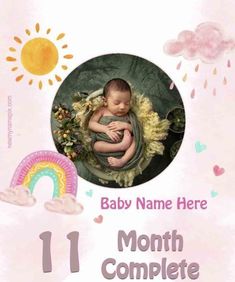 a baby is sleeping in the middle of a birth card with rainbows and clouds