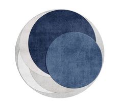 three circular rugs in blue and white on a white background, each with two different circles