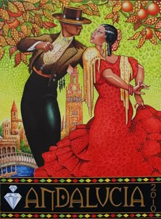 an image of a man and woman dancing in front of a tree with fruit on it