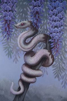 a painting of a snake on a tree branch with purple flowers in the back ground