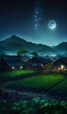 an image of a village at night with the moon in the sky and mountains behind it