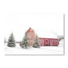 a red barn and trees covered in snow