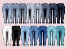 six pairs of jeans with different colors and sizes are shown in front of a pink background