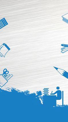 a blue and white background with different things in the sky, such as books, pencils, scissors, etc