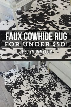 a cow print rug with the words faux cowhide rug for under $ 50