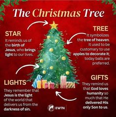 a christmas tree with its lights on and presents around it, labeled in the following words