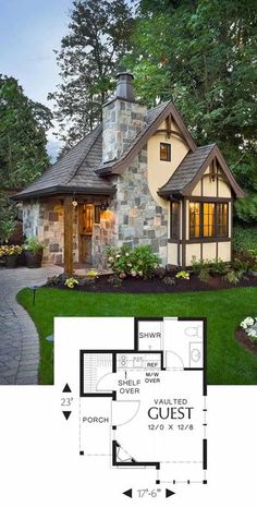 the floor plan for a small house with stone and wood accents, including an attached porch