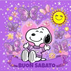 a cartoon snoopy sitting on top of a purple background with butterflies and flowers around it