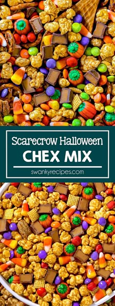 a bowl full of halloween candy with the words scarecrow halloween chex mix above it